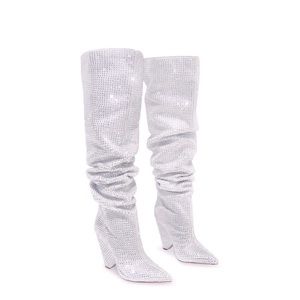 Silver Rhinestone wedge knee high slouch boot, size 11